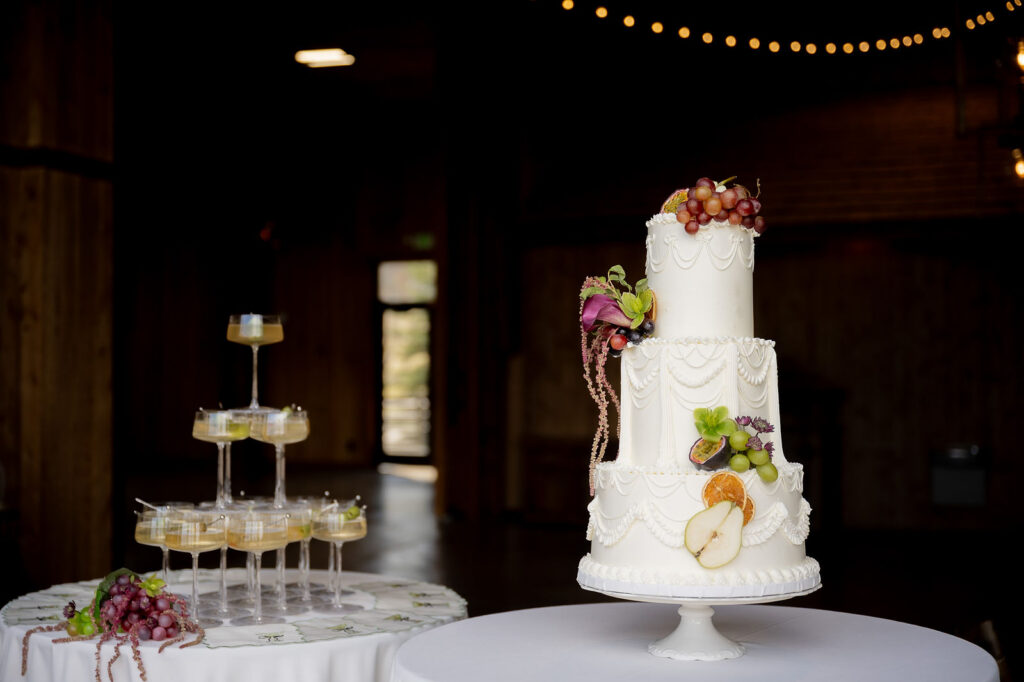 champagne tower and cake