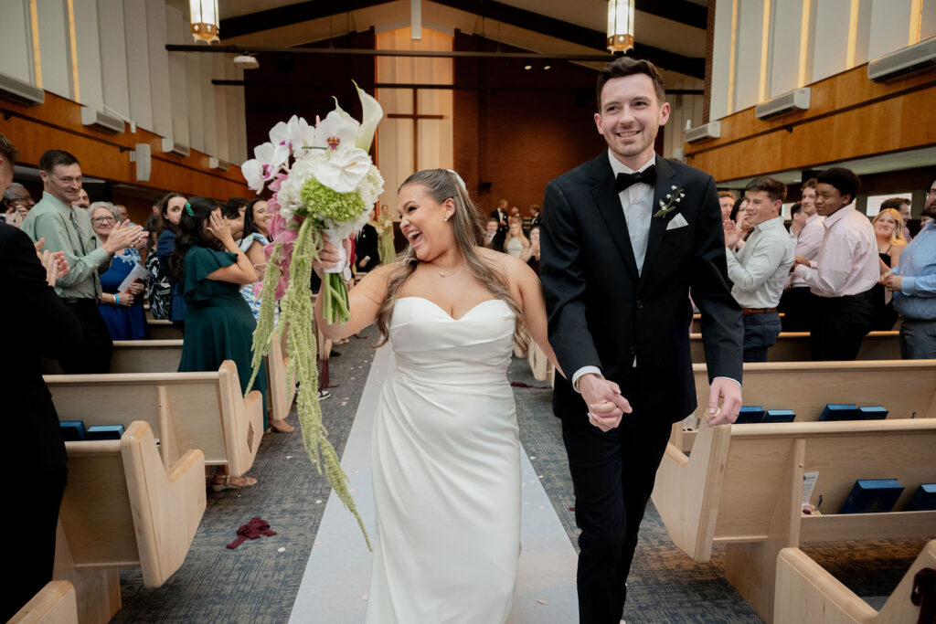 stepping out into the next part of their day as husband and wife