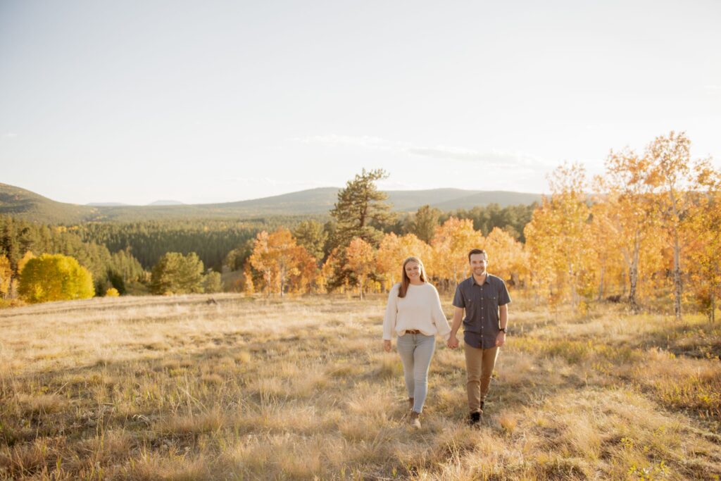 Couple holding hands in a scenic mountain meadow during fall.