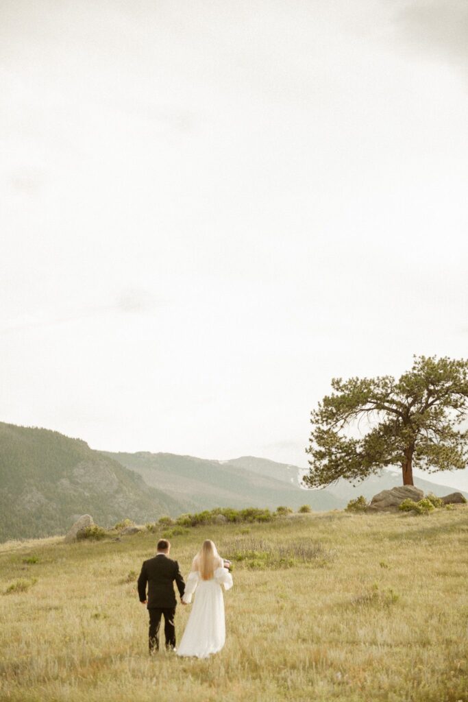 Bride and groom walking hand in hand through a mountain meadow at sunset.