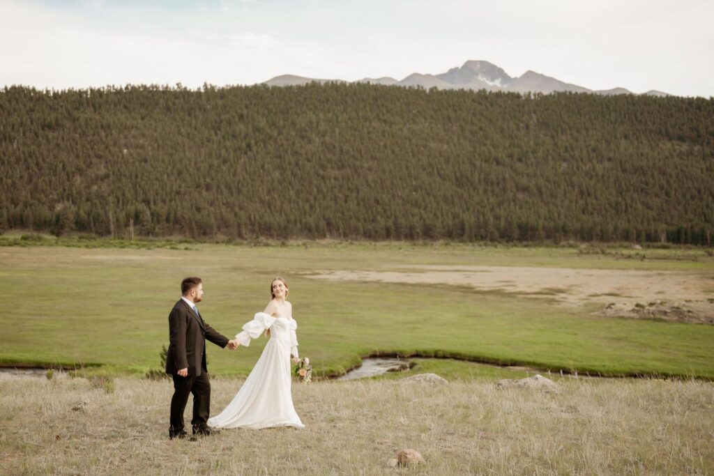 Bride and groom holding hands in a mountain meadow.