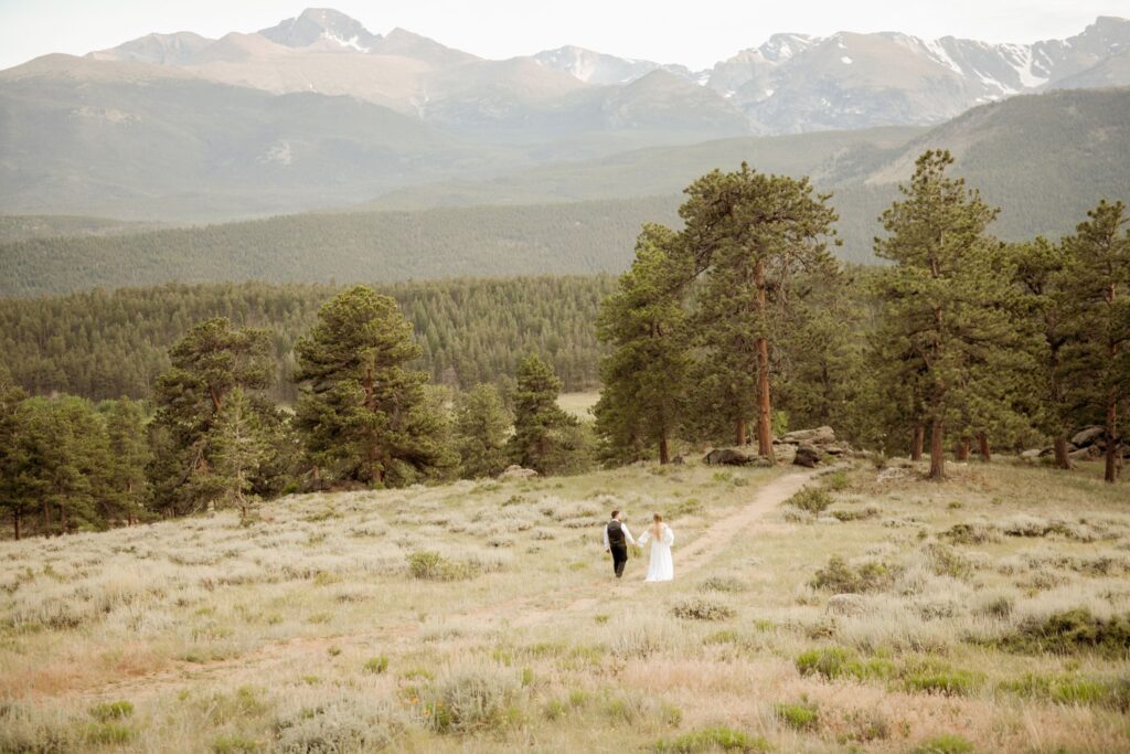 Bride and groom holding hands walking a trail with pine trees and mountains behind them
