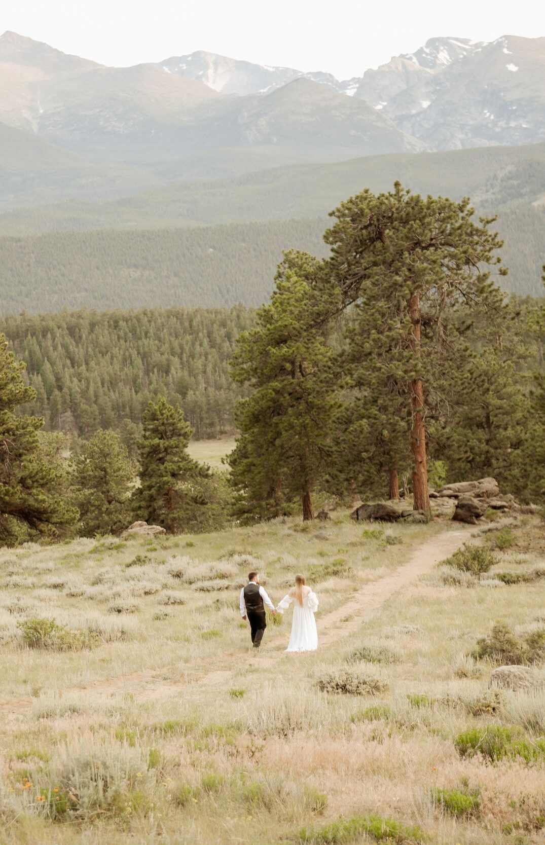 Bride and groom walking through a mountain meadow with scenic alpine views.