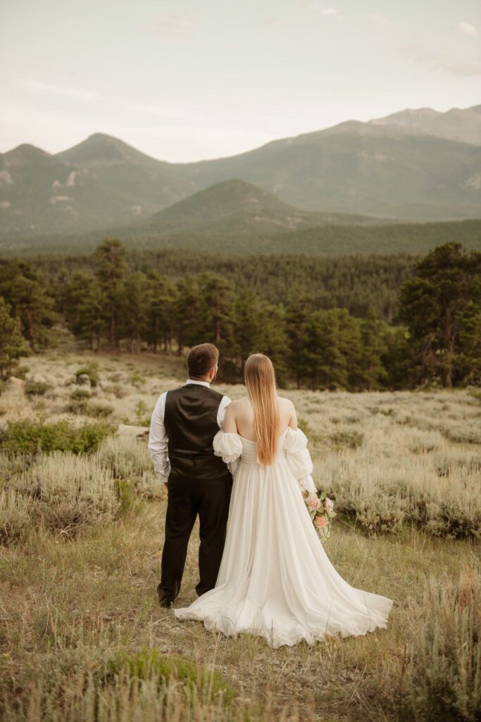 Bride and groom admiring the mountain view from behind.