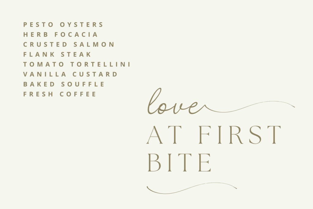 "Love at First Bite" wedding menu card.