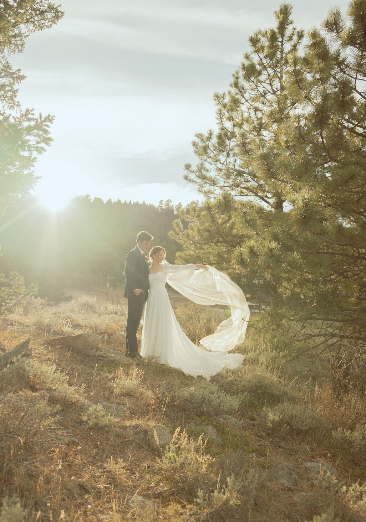 Outdoor Wedding Portrait with Flowing Bridal Veil