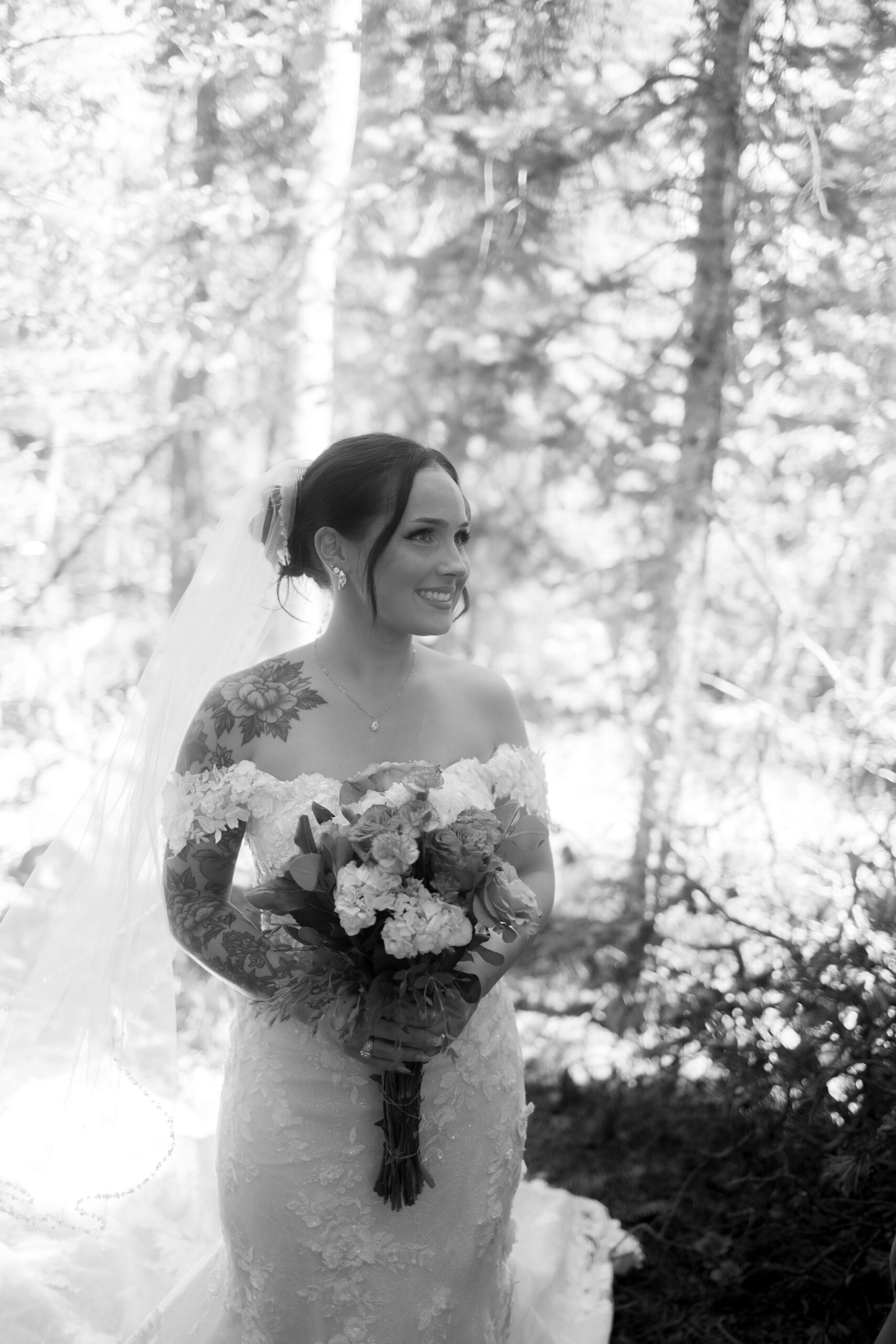 Black and white sepia toned bridal portrait