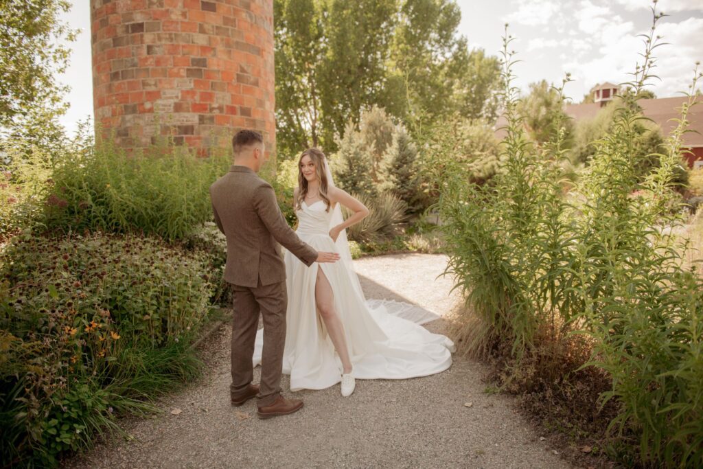 Bride and Groom on the Garden Path