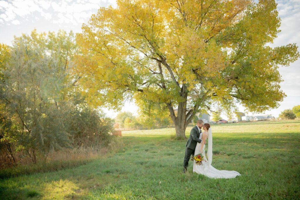 Bride and groom kissing