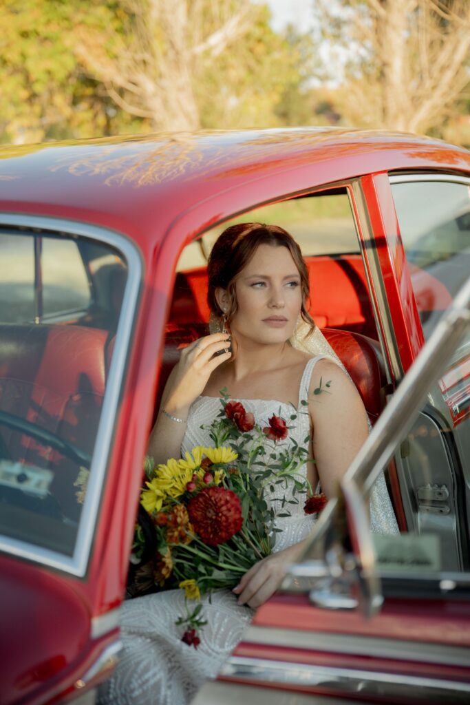 Bride in car